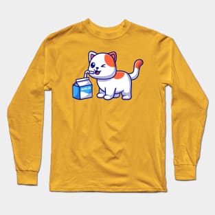 Cute Cat Drink Milk Cartoon Long Sleeve T-Shirt